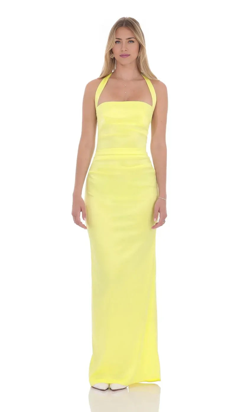 Classic Sheath/Column Halter Neck Sleeveless Backless Floor-Length Prom Dress