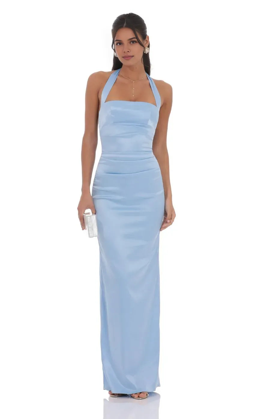 Classic Sheath/Column Halter Neck Sleeveless Backless Floor-Length Prom Dress