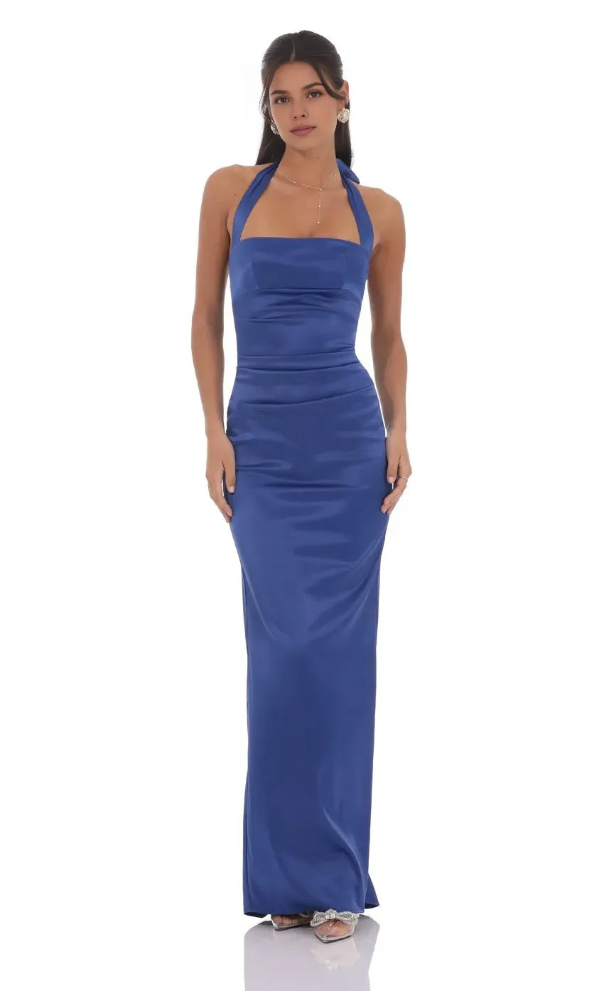 Classic Sheath/Column Halter Neck Sleeveless Backless Floor-Length Prom Dress