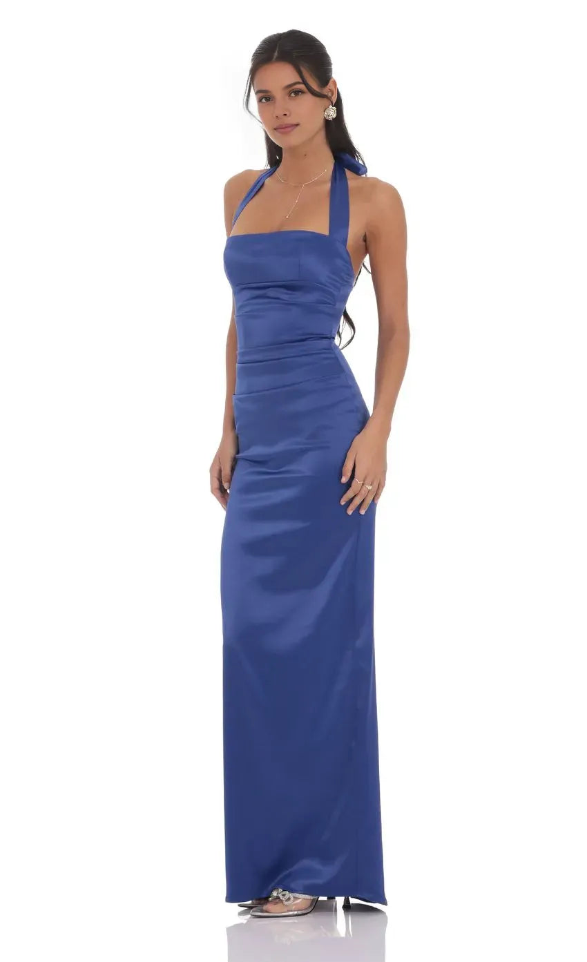 Classic Sheath/Column Halter Neck Sleeveless Backless Floor-Length Prom Dress