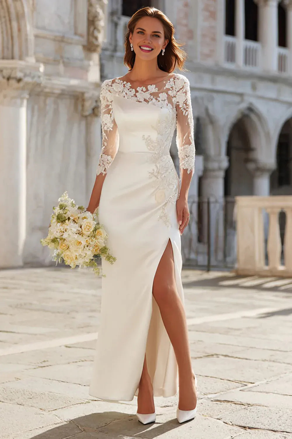 Classic Sheath/Column Jewel Neck Long Sleeve Satin Floor-Length Wedding Dress