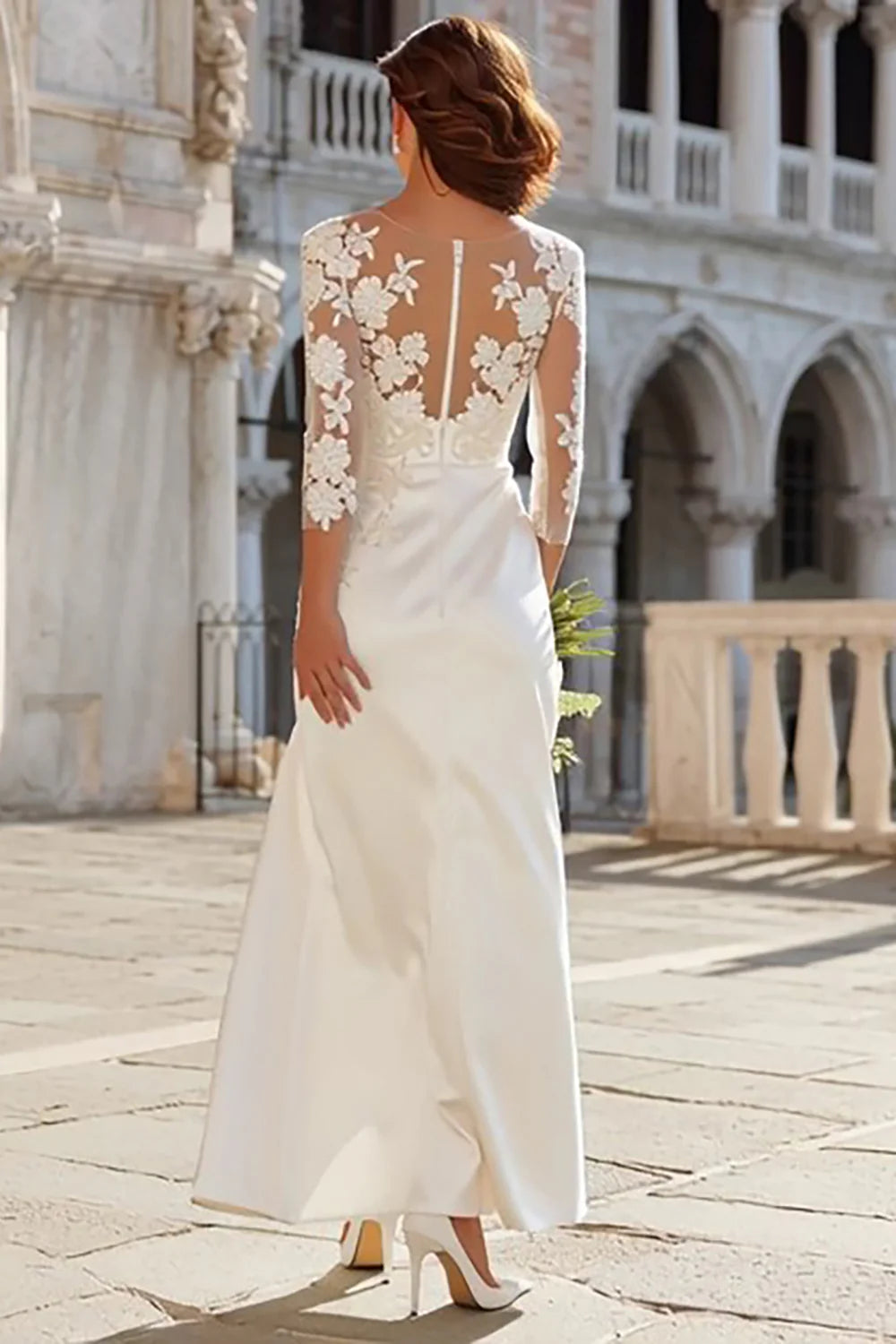 Classic Sheath/Column Jewel Neck Long Sleeve Satin Floor-Length Wedding Dress