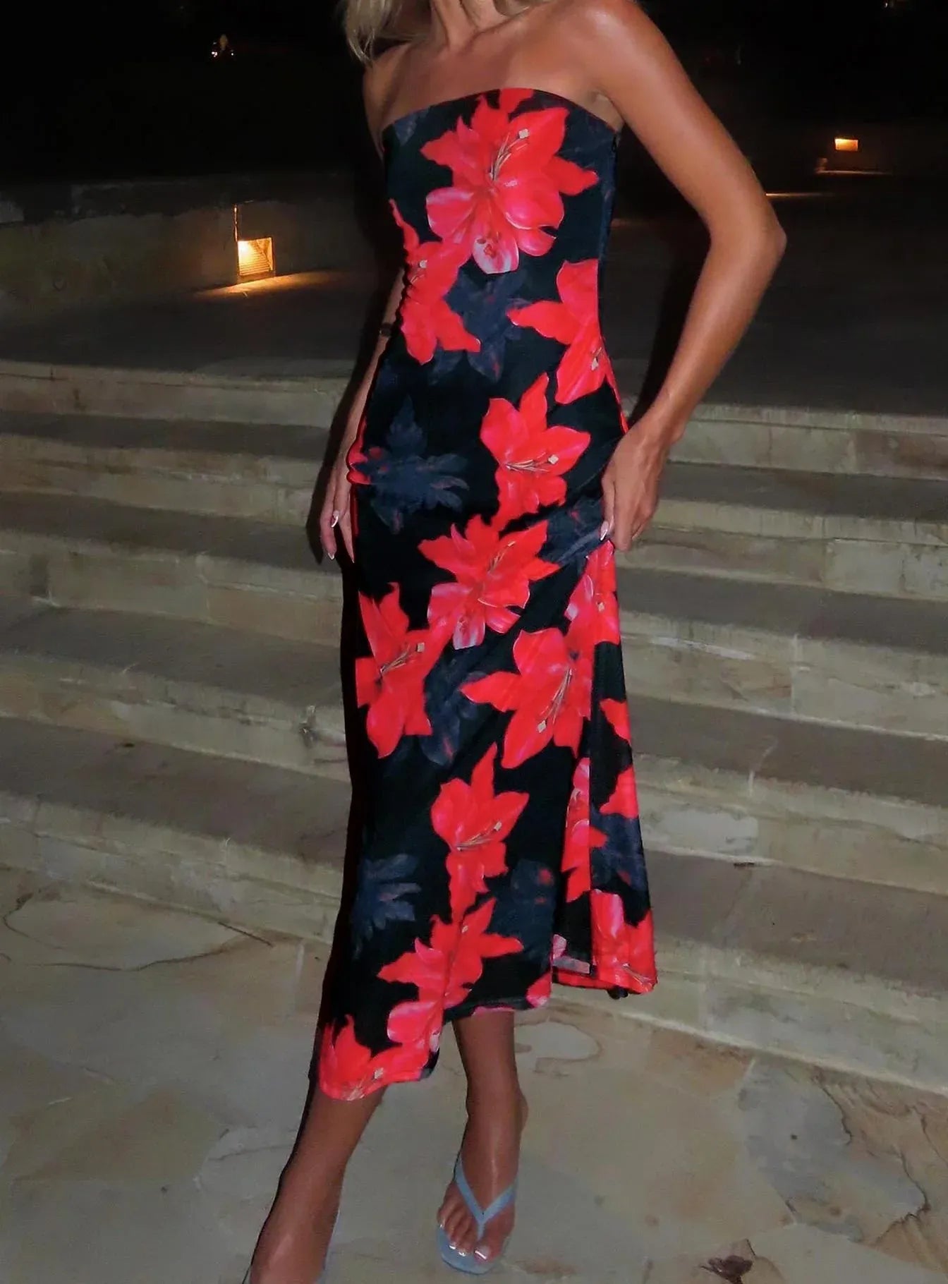 Classic Sheath/Column Strapless Neck Sleeveless Backless Tea-Length Prom Dress