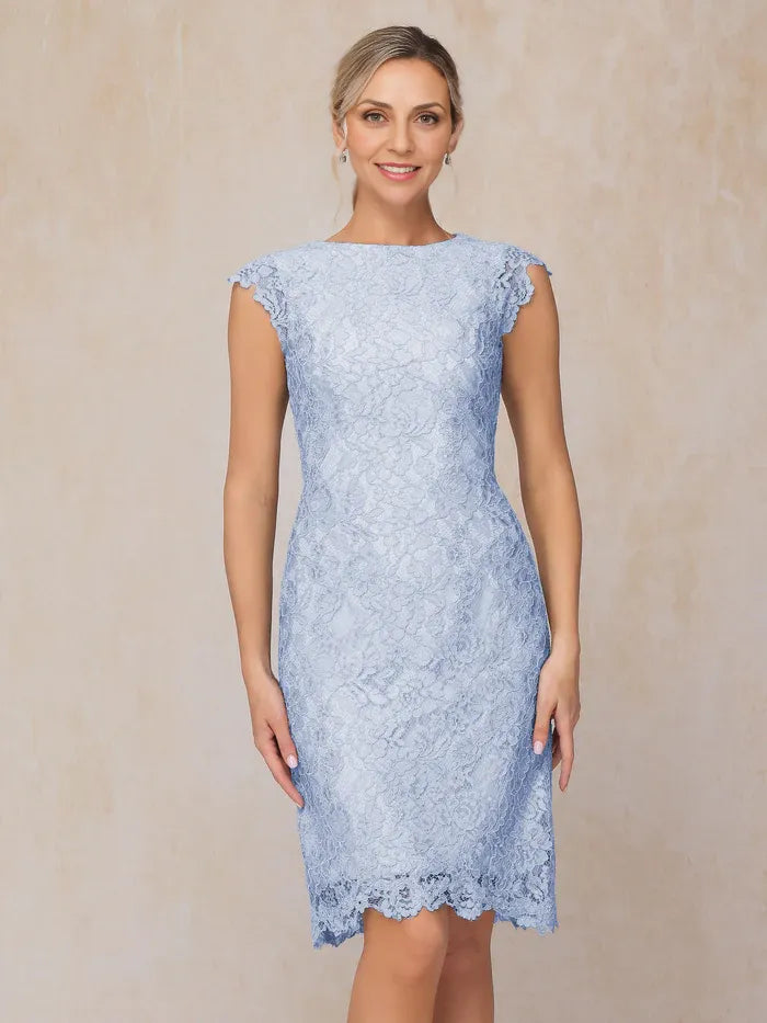 Classic Sheath Scoop-neck Cap Sleeves Lace Knee-Length Mother of the Bride Dress