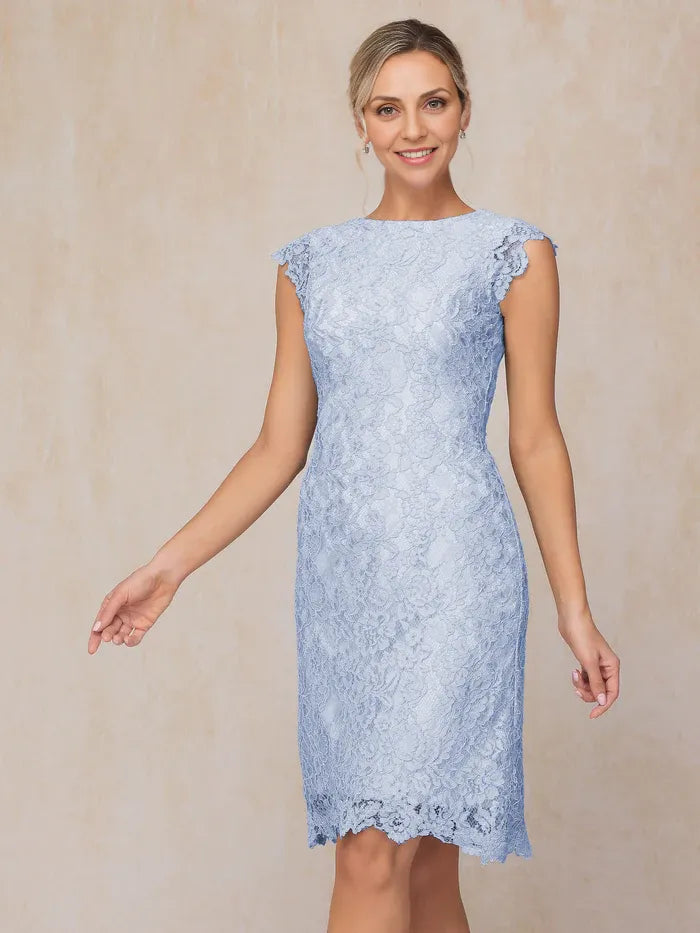 Classic Sheath Scoop-neck Cap Sleeves Lace Knee-Length Mother of the Bride Dress