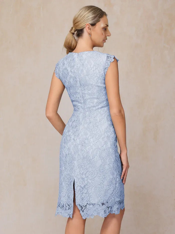 Classic Sheath Scoop-neck Cap Sleeves Lace Knee-Length Mother of the Bride Dress