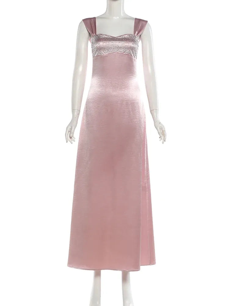 Classic Square Neck Sleeveless Bodycon Crystal Satin Floor Length Evening Dress