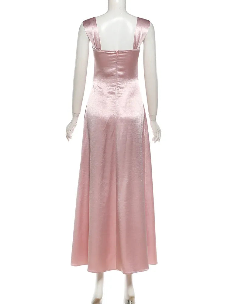 Classic Square Neck Sleeveless Bodycon Crystal Satin Floor Length Evening Dress