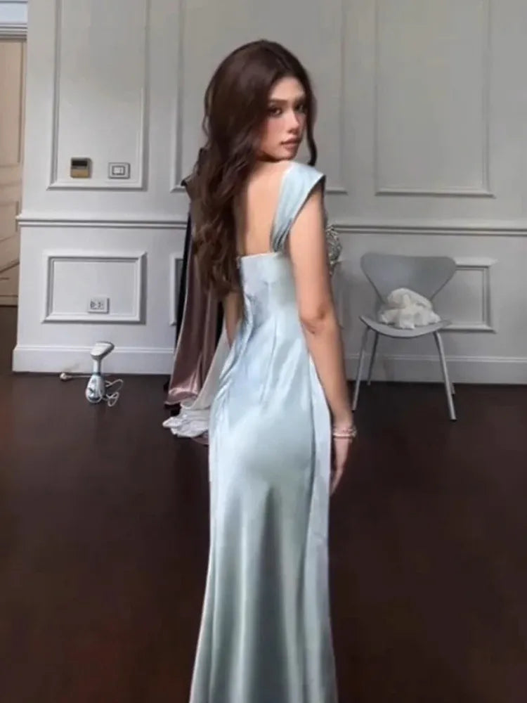 Classic Square Neck Sleeveless Bodycon Crystal Satin Floor Length Evening Dress