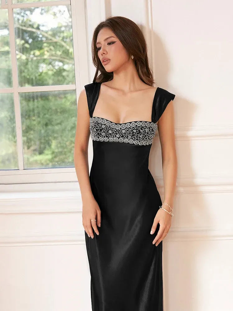 Classic Square Neck Sleeveless Bodycon Crystal Satin Floor Length Evening Dress