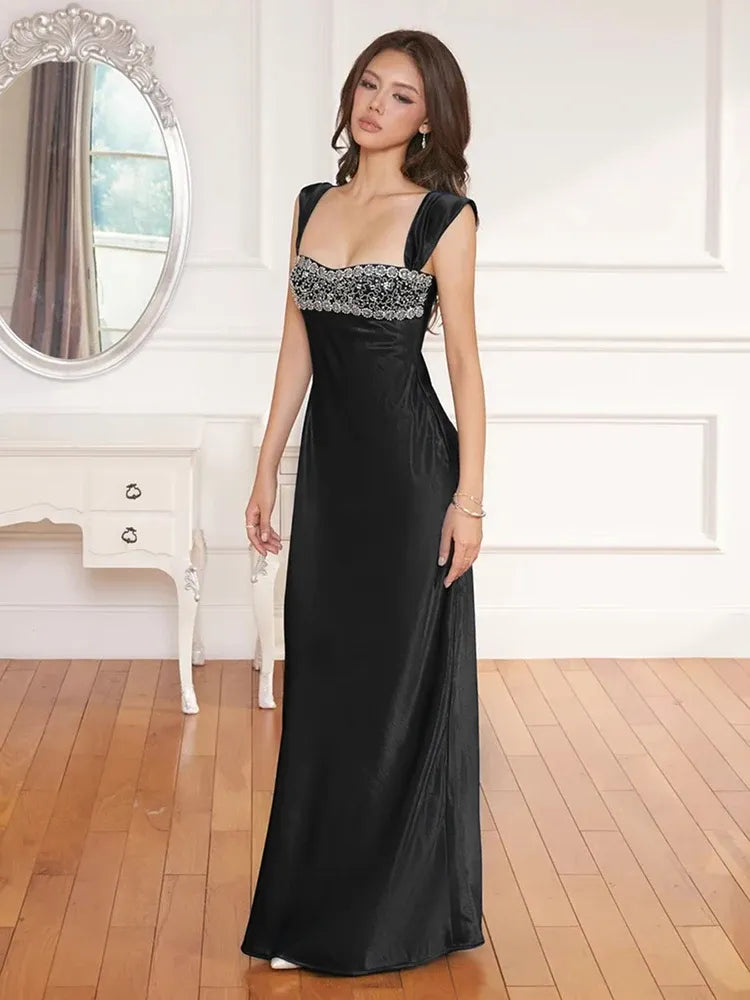 Classic Square Neck Sleeveless Bodycon Crystal Satin Floor Length Evening Dress