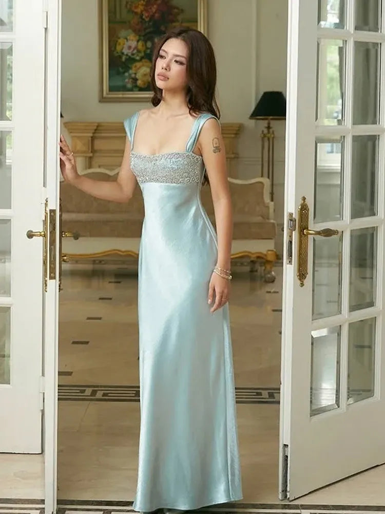 Classic Square Neck Sleeveless Bodycon Crystal Satin Floor Length Evening Dress