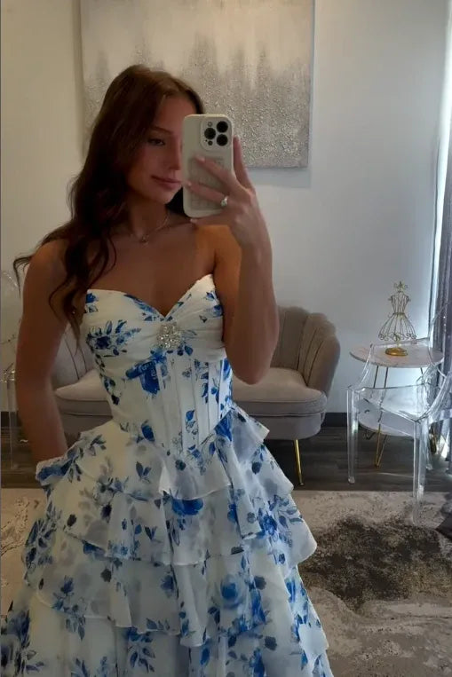 Classic Sweetheart Sleeveless Empire A-Line Chiffon Tiered Long Prom Dress