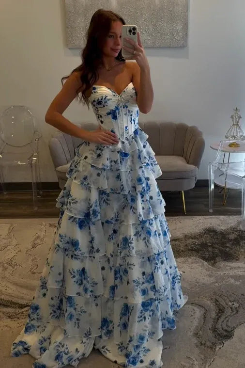 Classic Sweetheart Sleeveless Empire A-Line Chiffon Tiered Long Prom Dress
