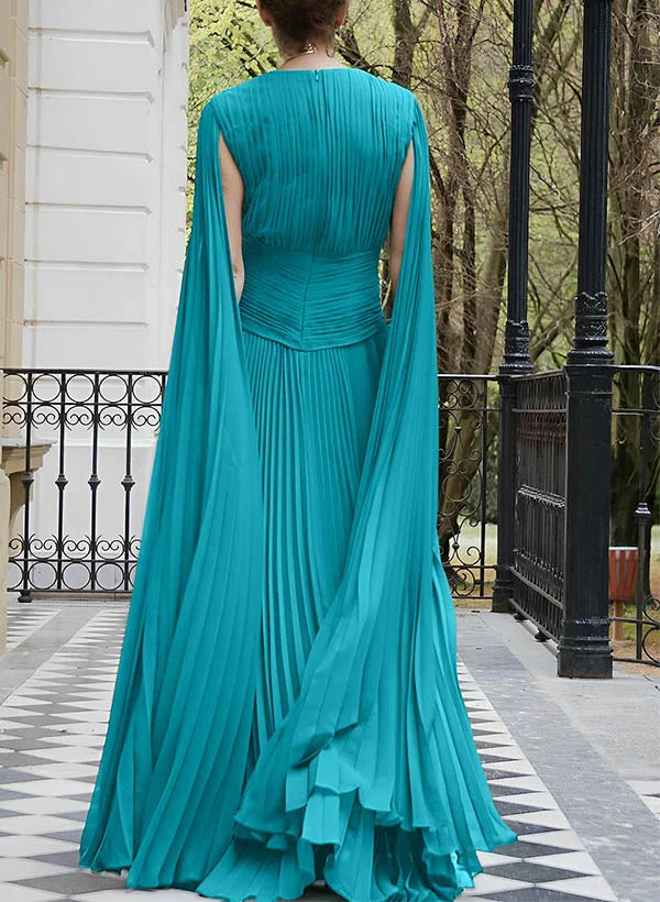 Classic V-Neck Sleeveless A-Line Chiffon Pleated Long Prom Gown