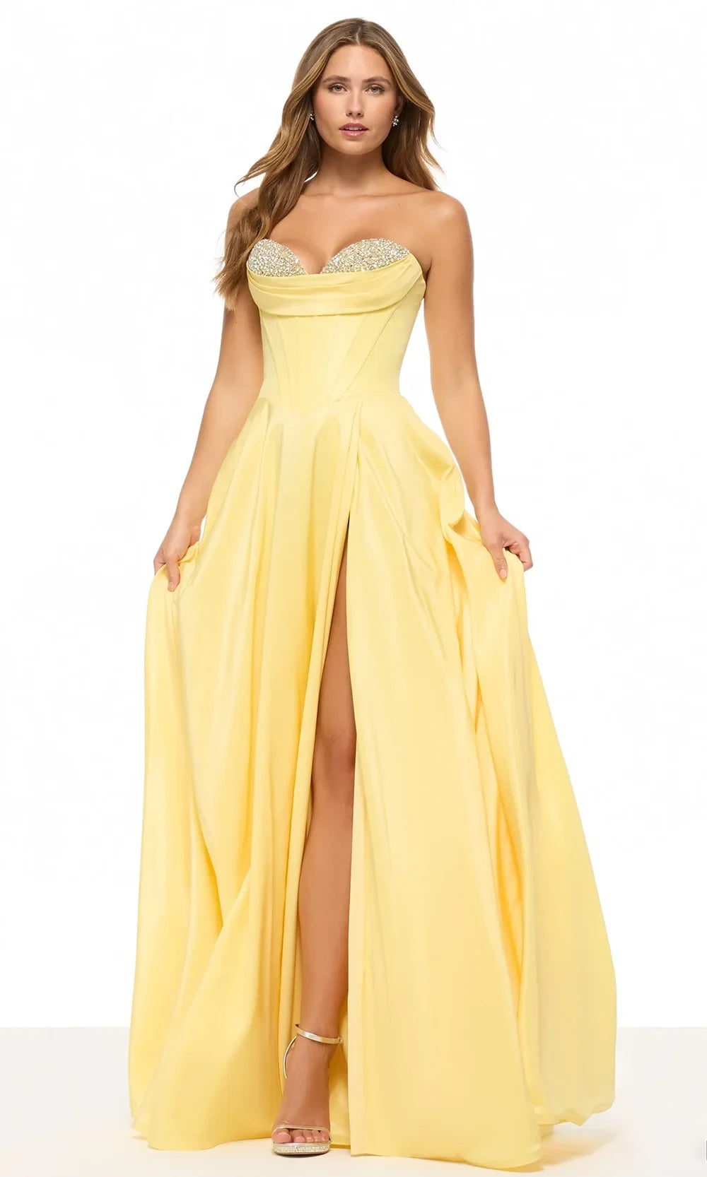 Classic A-Line Sweetheart Corset Embellished Bust Slit Yellow Floor-Length Prom Dress