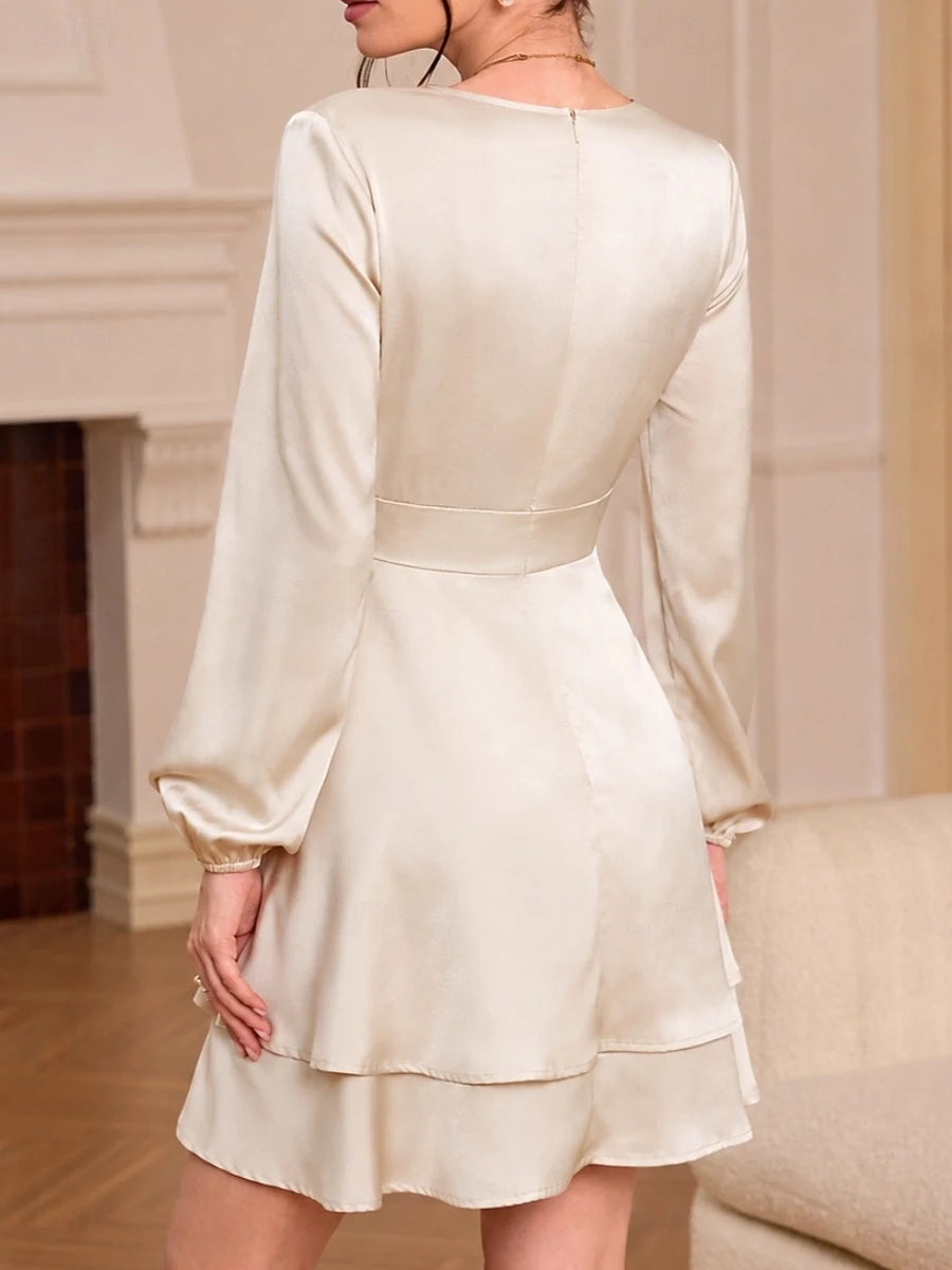 Classic A-Line V-Neck Long Sleeve Wrap Tiered Satin Champagne Short Homecoming Dress