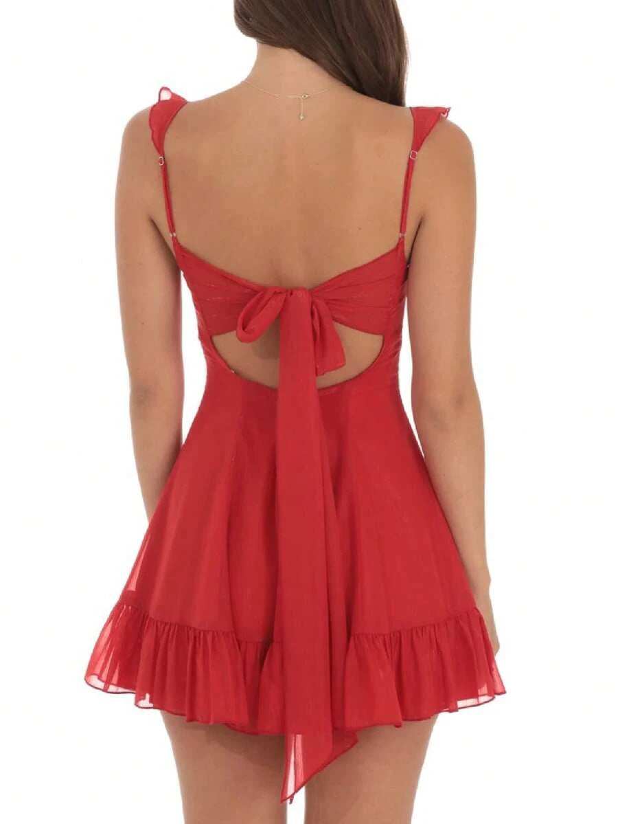 Classic A-Line V-Neck Ruffled Tie-Back Red Mini Homecoming Dress Hot Sale