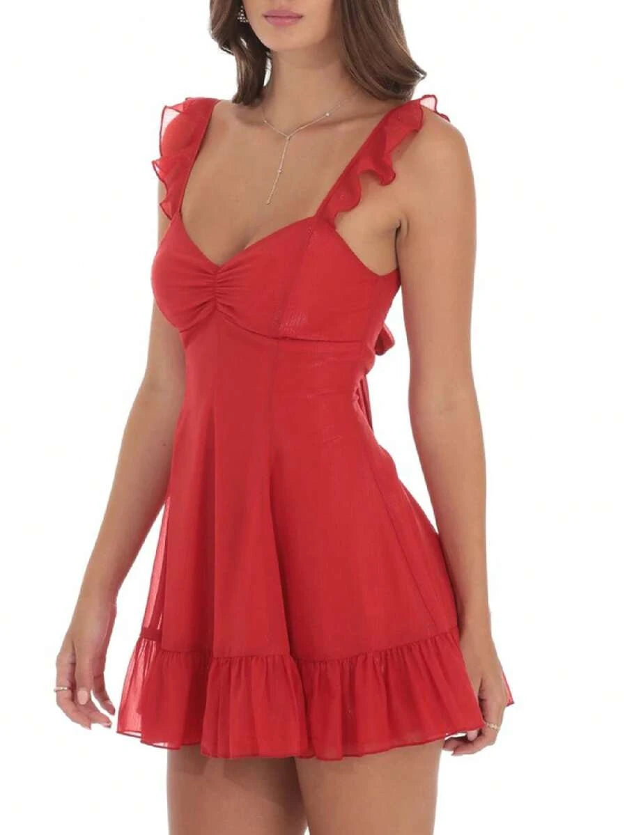 Classic A-Line V-Neck Ruffled Tie-Back Red Mini Homecoming Dress Hot Sale