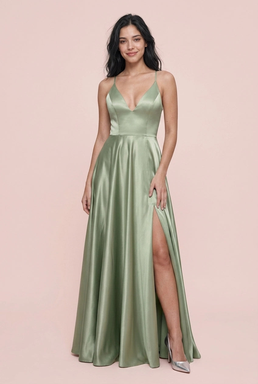 Classic Elegant A-Line V-Neck High Slit Satin Sage Green Long Prom Dress For Women