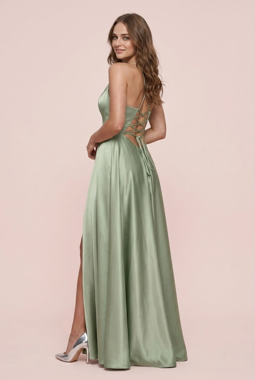 Classic Elegant A-Line V-Neck High Slit Satin Sage Green Long Prom Dress For Women