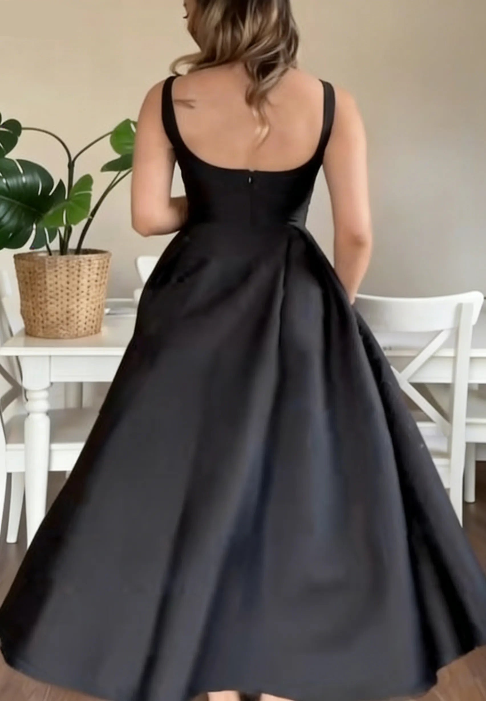 Classy Square Neck Sleeveless A-Line Ruched Satin Ankle-Length Party Dress
