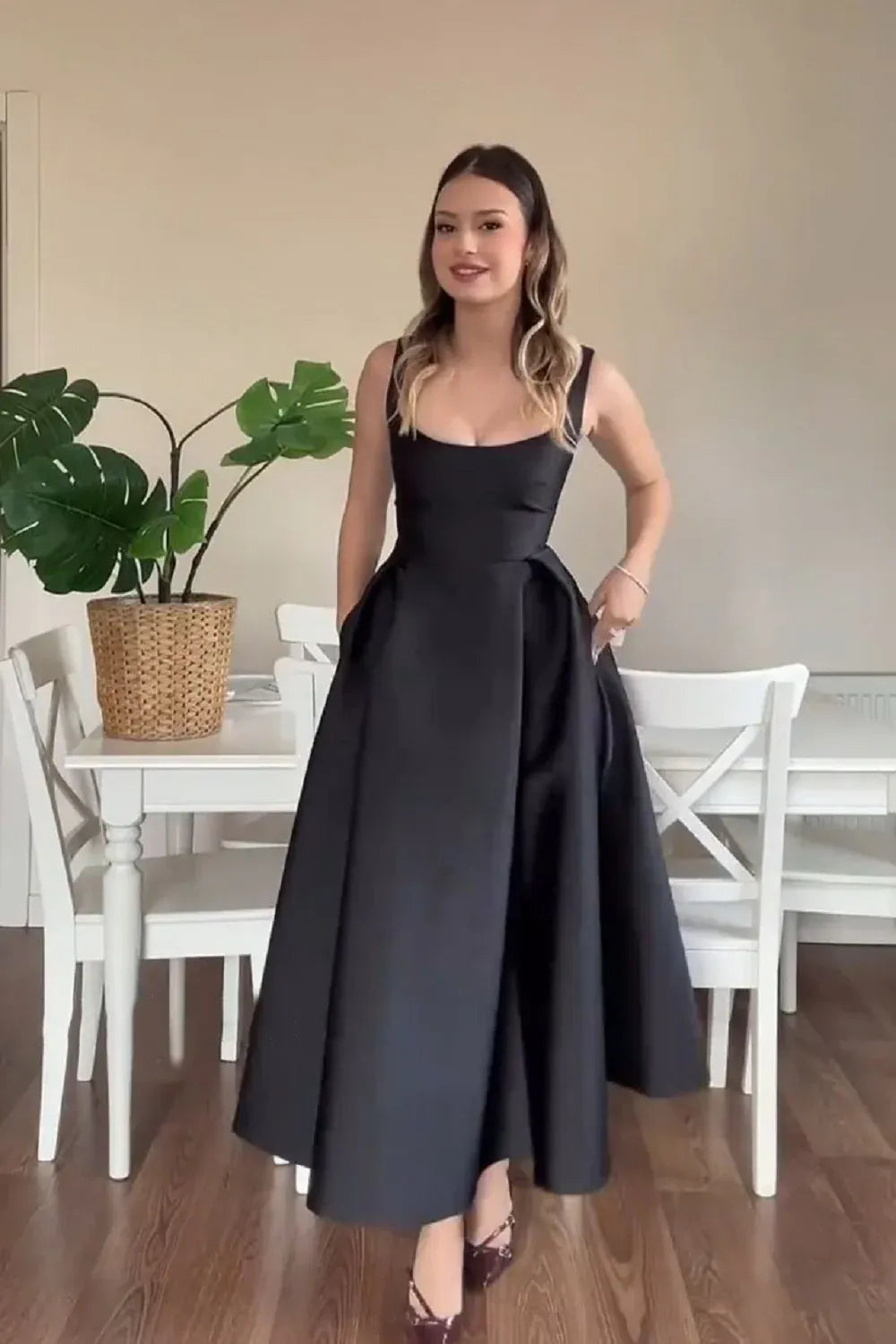 Classy Square Neck Sleeveless A-Line Ruched Satin Ankle-Length Party Dress