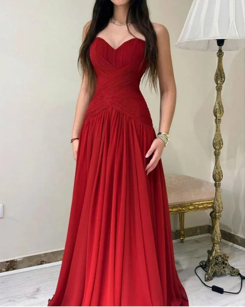Classy Strapless Sleeveless A-Line Chiffon Pleats Long Prom Dress