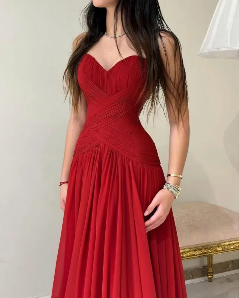 Classy Strapless Sleeveless A-Line Chiffon Pleats Long Prom Dress