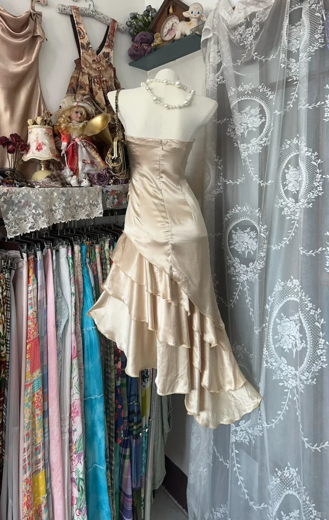 Classy Strapless Sleeveless A Line Layered Satin Ankle-Length Party Dress