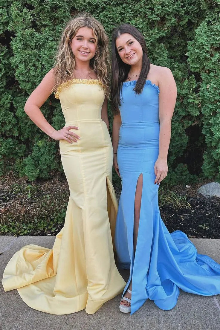 Classy Strapless Sleeveless Mermaid Slit Satin Long Prom Dress