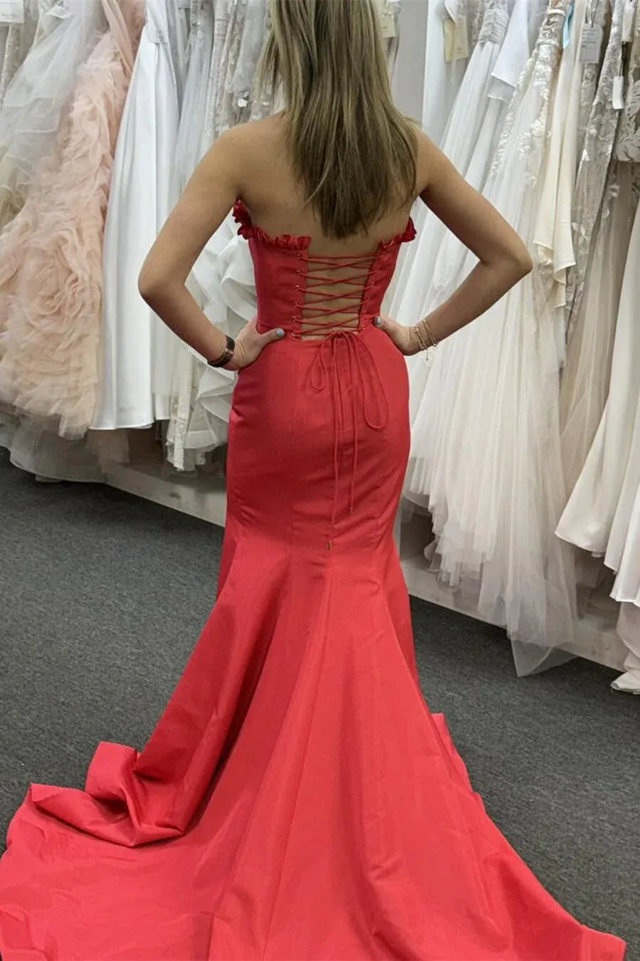 Classy Strapless Sleeveless Mermaid Slit Satin Long Prom Dress
