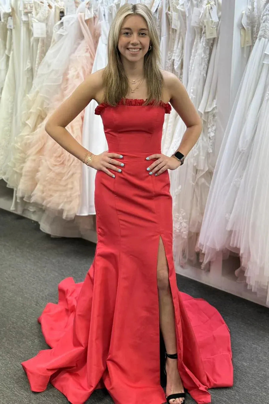 Classy Strapless Sleeveless Mermaid Slit Satin Long Prom Dress