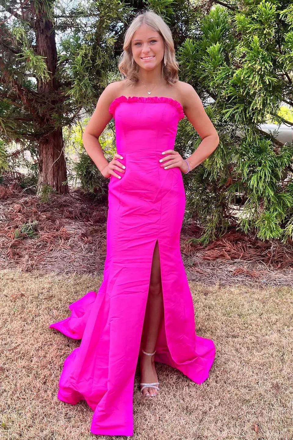 Classy Strapless Sleeveless Mermaid Slit Satin Long Prom Dress