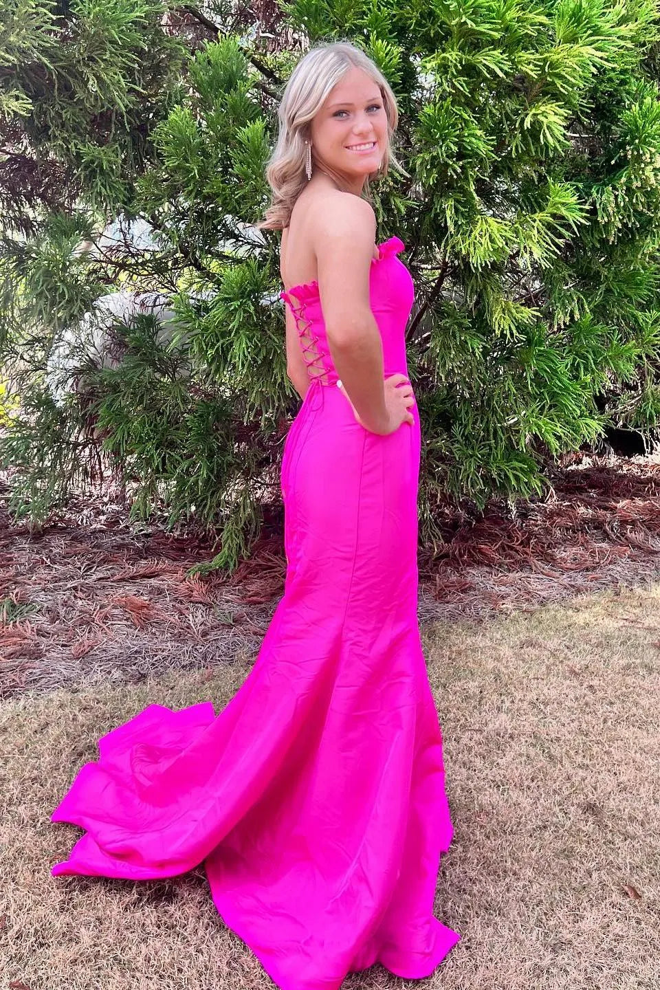 Classy Strapless Sleeveless Mermaid Slit Satin Long Prom Dress