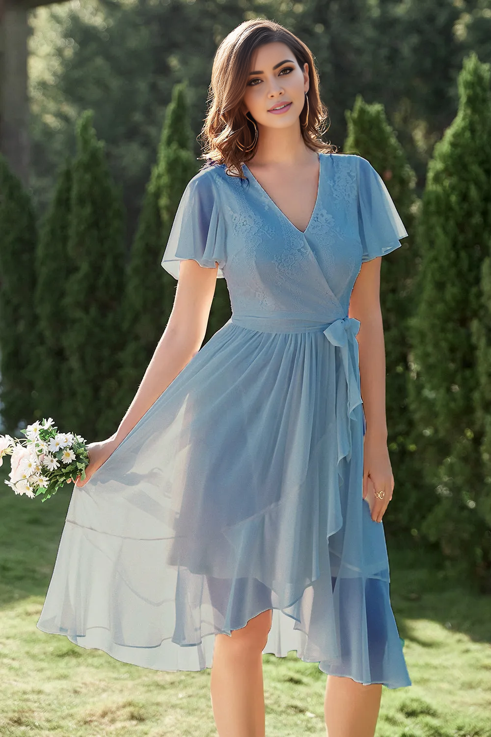 Weitese Prom Dress Store A-line Blue Chiffon Wrap Cocktail Homecoming Dress Formal Women's Dresses