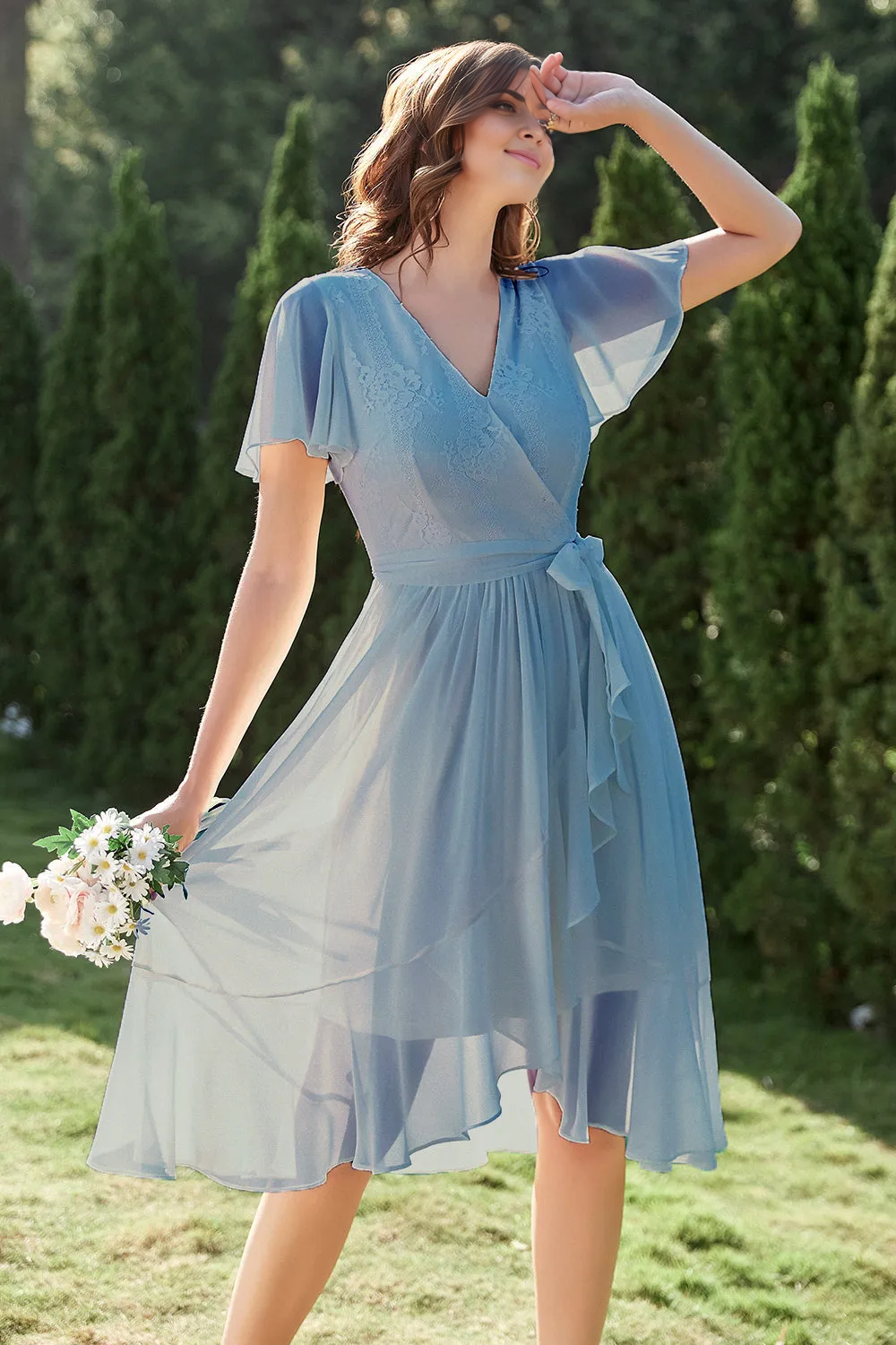 Weitese Prom Dress Store A-line Blue Chiffon Wrap Cocktail Homecoming Dress Formal Women's Dresses