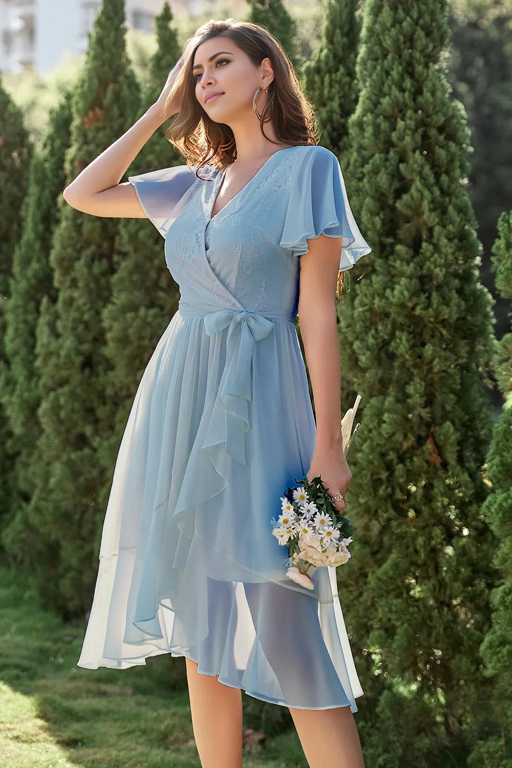 Weitese Prom Dress Store A-line Blue Chiffon Wrap Cocktail Homecoming Dress Formal Women's Dresses