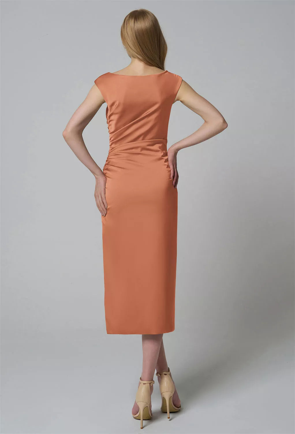 Column Bateau Neckline Tea Length Cap Sleeves Pleat Prom Dresses Elegant Satin Prom Dresses for Ladies