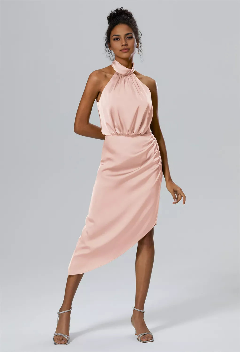 Column Halter-Neck Knee Length Sleeveless Prom Dresses Satin Beautiful Asymmetrical Hem Affordable Satin Evening Dresses