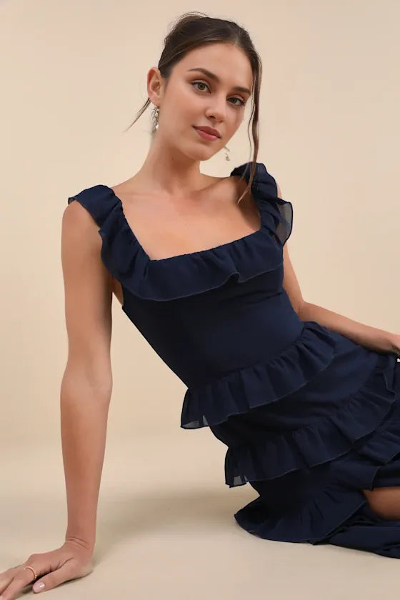 Weitese Formal Women's Dresses Sleeveless Compelling Romantic Dark Blue Ruffled Tiered Maxi Dress Prom Dress Stores