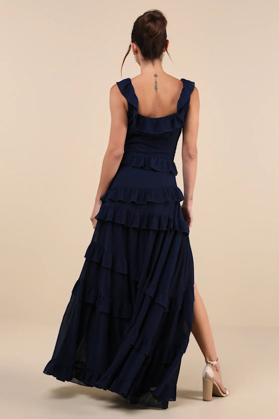 Weitese Formal Women's Dresses Sleeveless Compelling Romantic Dark Blue Ruffled Tiered Maxi Dress Prom Dress Stores