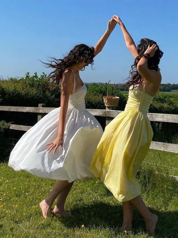 Corset A-line Simple Spaghetti Straps Tea-Length Prom Party Dress