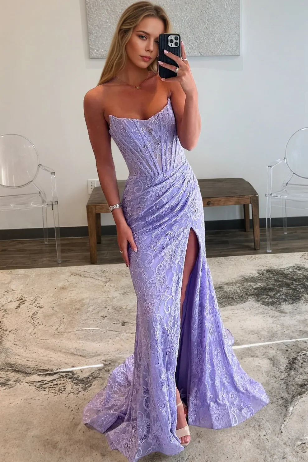 Lavender Sequin Lace Sheath Sweetheart V-Back Floor-Length Dress