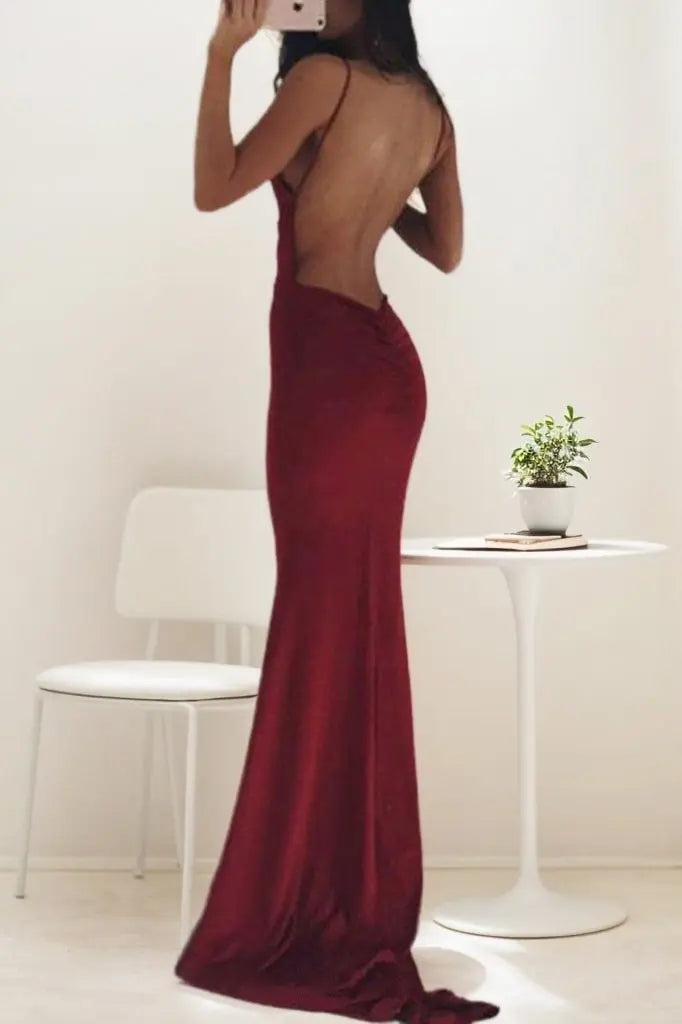 Burgundy Stretch Satin Mermaid Plunging V-Neck Open Back Floor-Length Dress