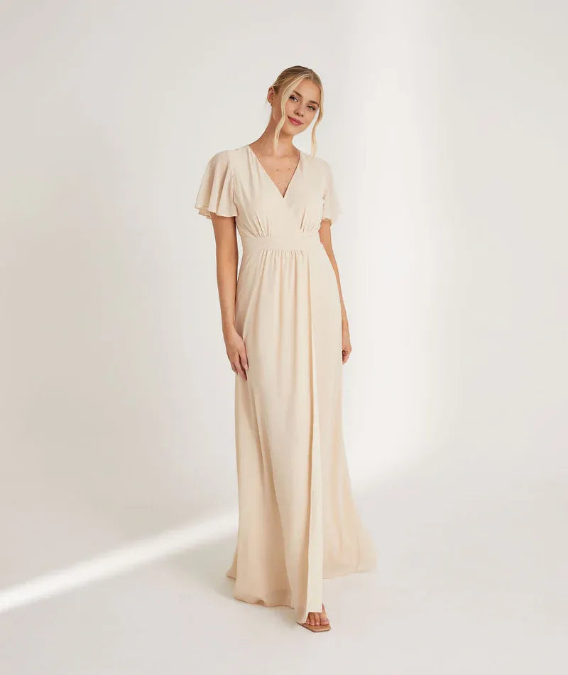 Weitese Dress Fashion V Neck Wrap Tie Chiffon Bridesmaid Dress Maxi Dress Solid Color Blue Flutter Sleeve A-Line Prom Dress