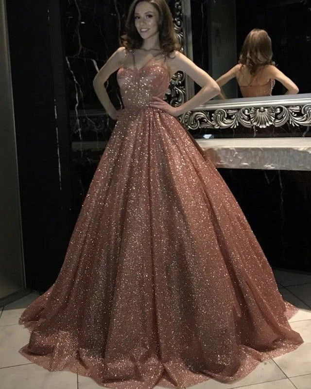 Weitese Formal Women's Dresses Rose Gold Sparkly Ball Gown Dresses Cross Neck Prom Dresses Stores