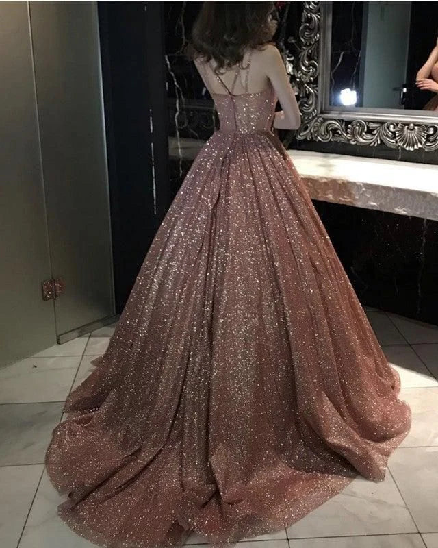 Weitese Formal Women's Dresses Rose Gold Sparkly Ball Gown Dresses Cross Neck Prom Dresses Stores