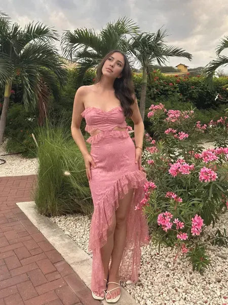 Weitese Formal Wear Dresses Pink Strapless Cut Out Lace High-Low Sweet Party Dress Stores With Prom Dresses Formal Women's Dresses
