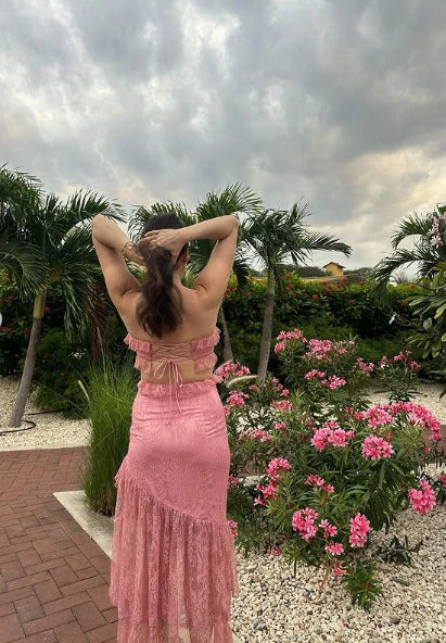 Weitese Formal Wear Dresses Pink Strapless Cut Out Lace High-Low Sweet Party Dress Stores With Prom Dresses Formal Women's Dresses